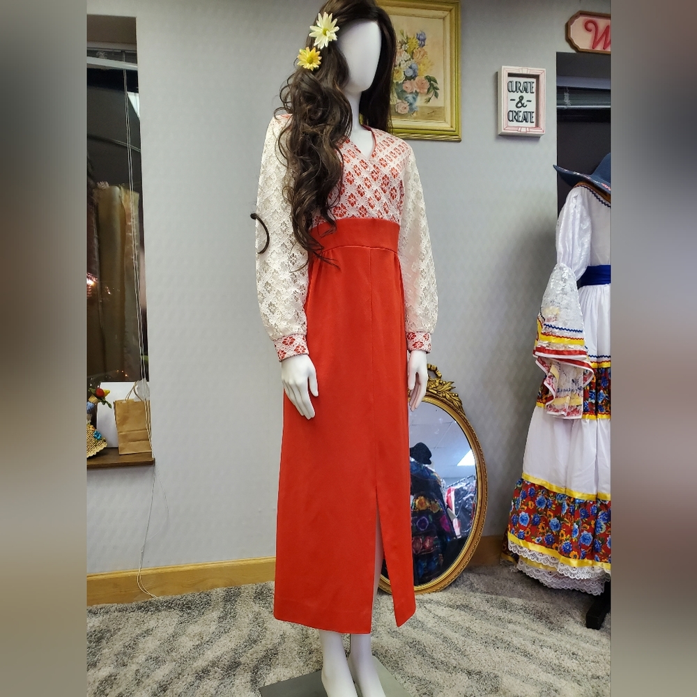 Late 60s Early 70s Cream Crochet Maxi Dress